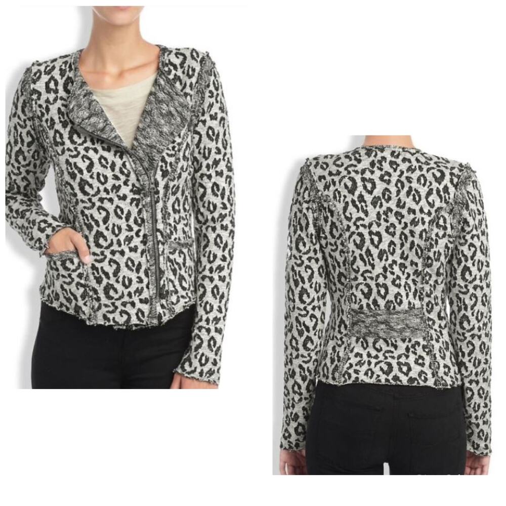 LUCKY BRAND LUCKY LOTUS Women's Jacket S Black & White Animal Print Moto Zip
